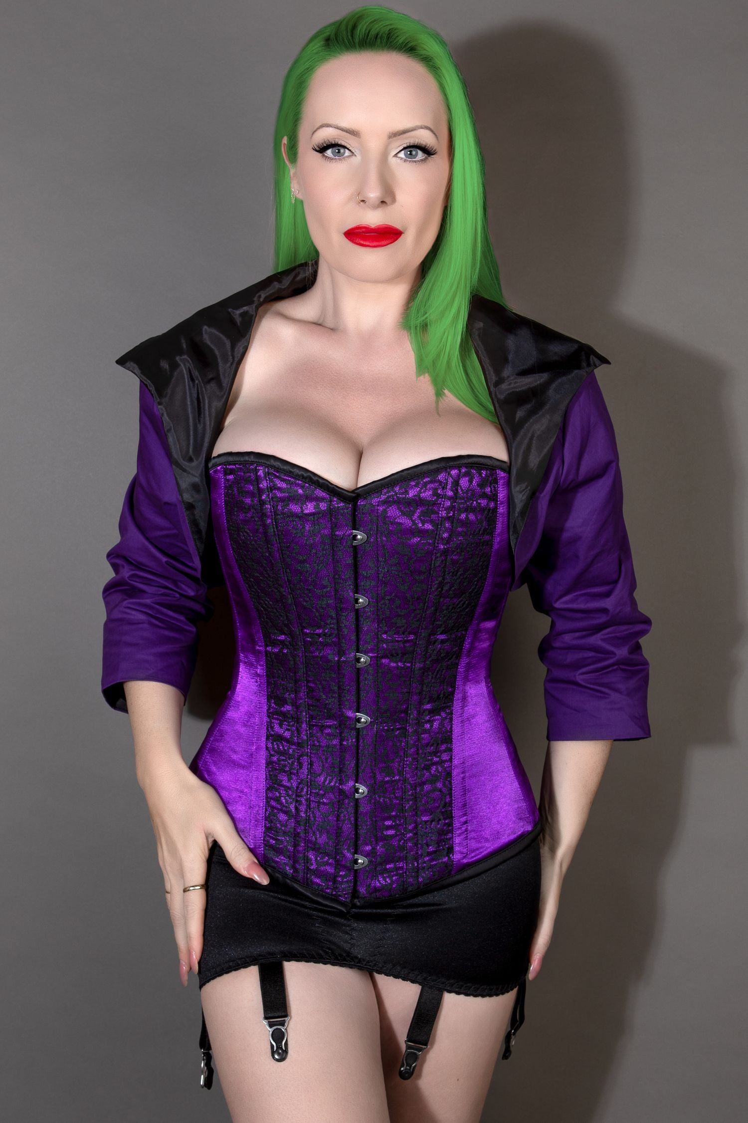 The Joker Inspired Batman Corset in Purple Duchess Satin & Black Lace