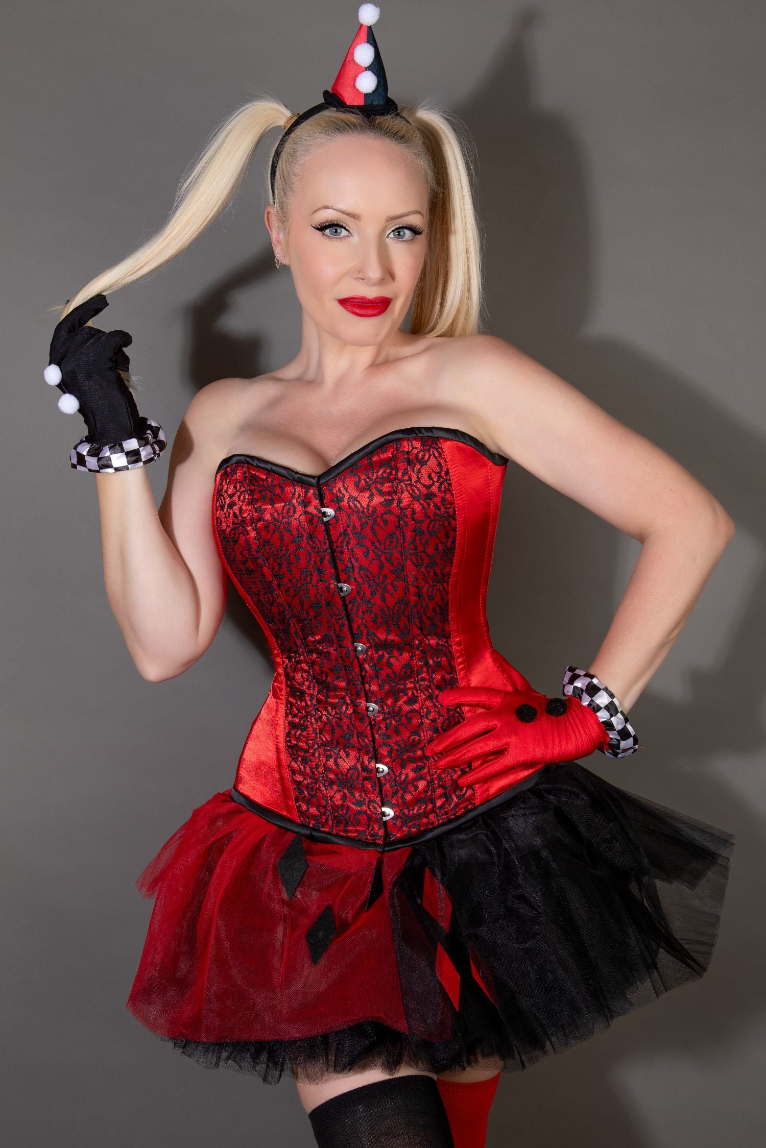 Harley Quinn Inspired Batman Corset in Red Duchess Satin & Black Lace