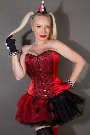 Harley Quinn Inspired Batman Corset in Red Duchess Satin & Black Lace