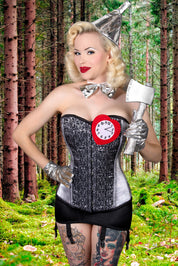 Tin Man Inspired Wizard of Oz Corset in Silver Satin & Black Lace