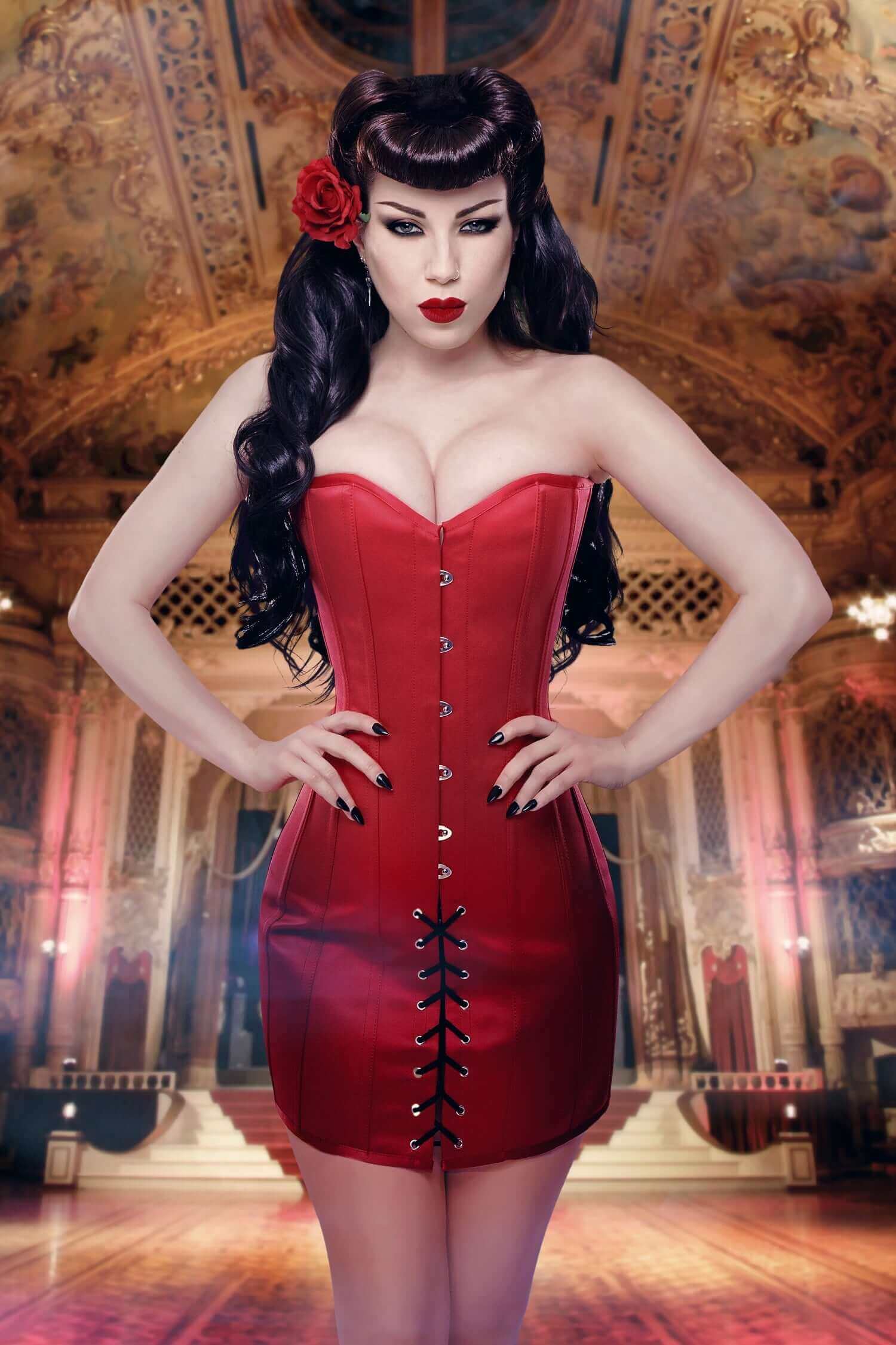 Rouge Duchess Satin Steel Boned Mini Corset Dress True Corset USA Rouge Duchess Satin Steel Boned Mini Corset Dress True Corset USA