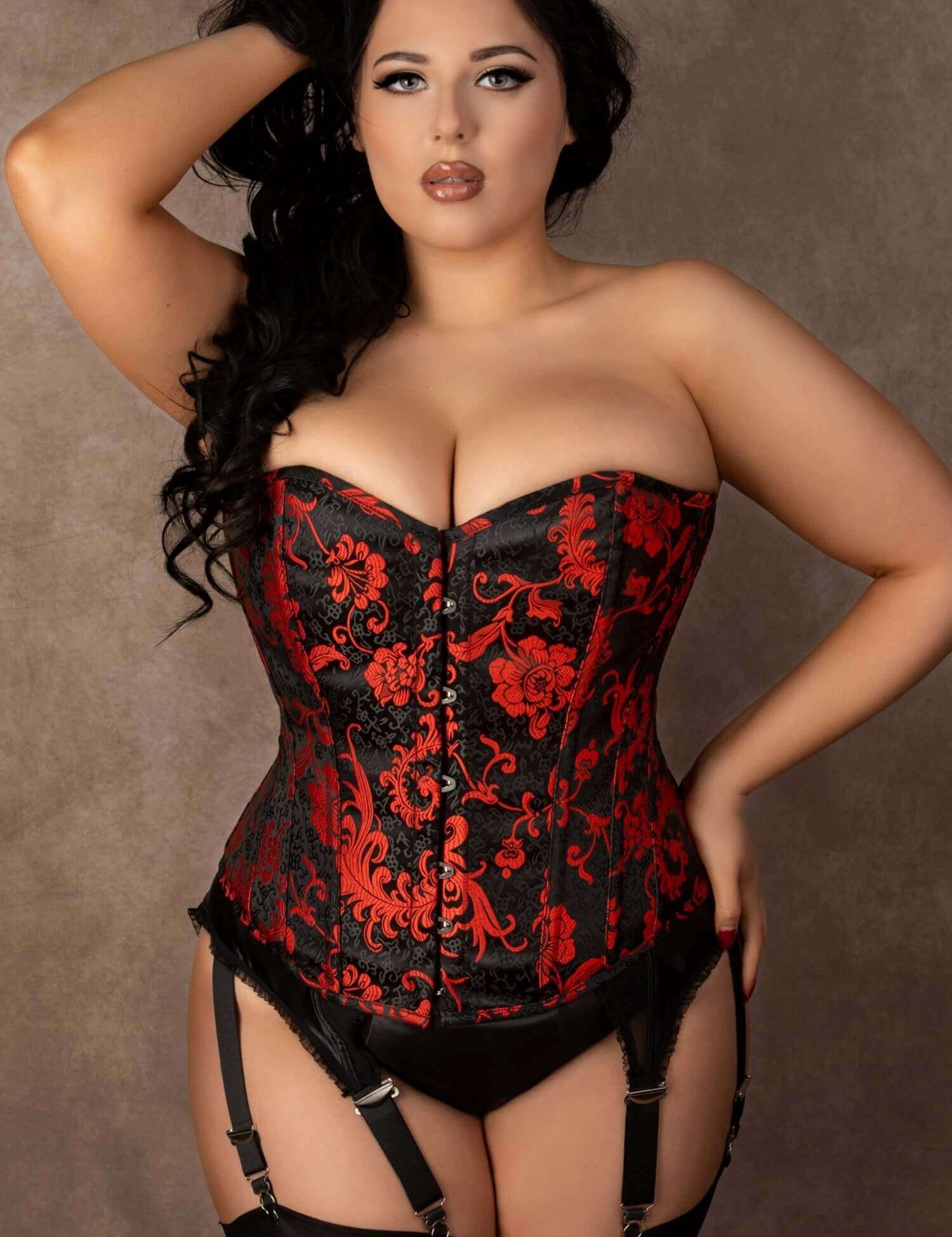 Plus Size Maeve Black And Red Floral Overbust Corset True Corset USA Plus Size Maeve Black And Red Floral Overbust Corset True Corset USA