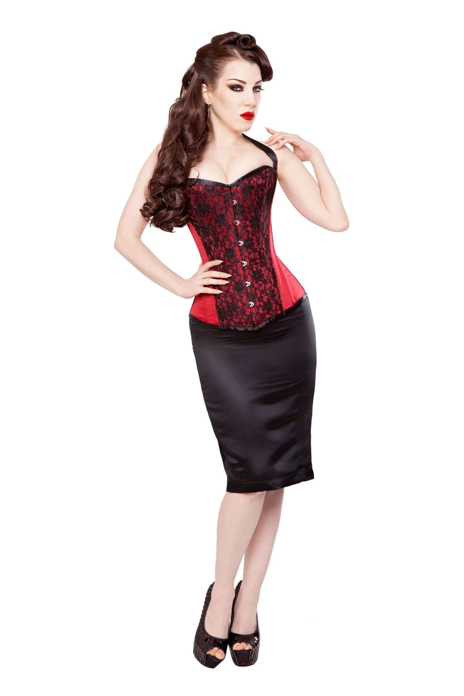 Red Leaf Brocade Corset Black Satin Pencil Skirt True Corset USA